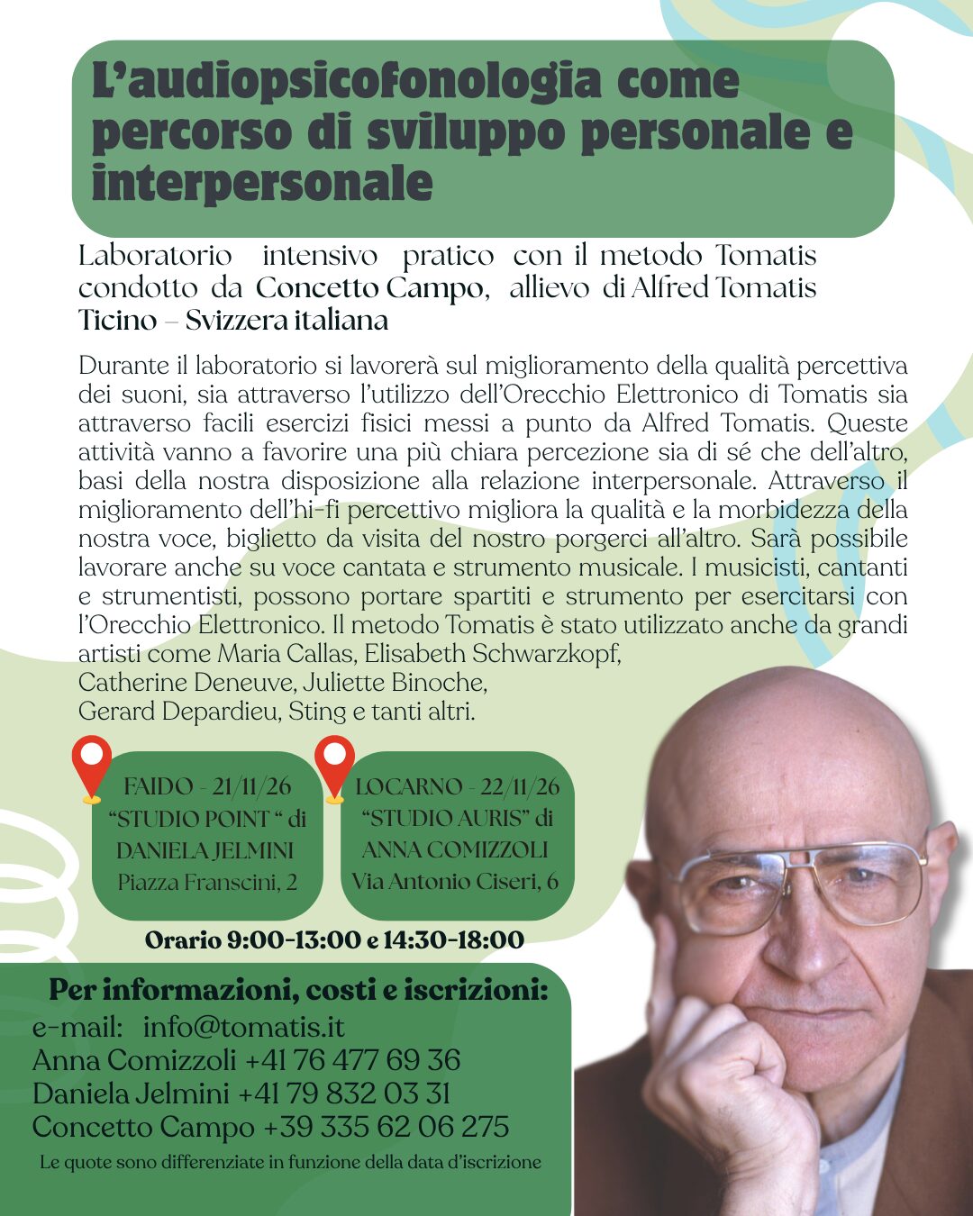 Poster of the Tomatis Workshops in Canton Ticino: Faido, 21 November 2026 (Studio Point) and Locarno, 22 November 2026 (Studio Auris)